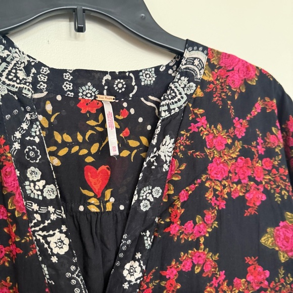 Free People 100% Cotton Black and Pink Short Sleeve V Neck Agnes Mini Dress - Picture 3 of 13